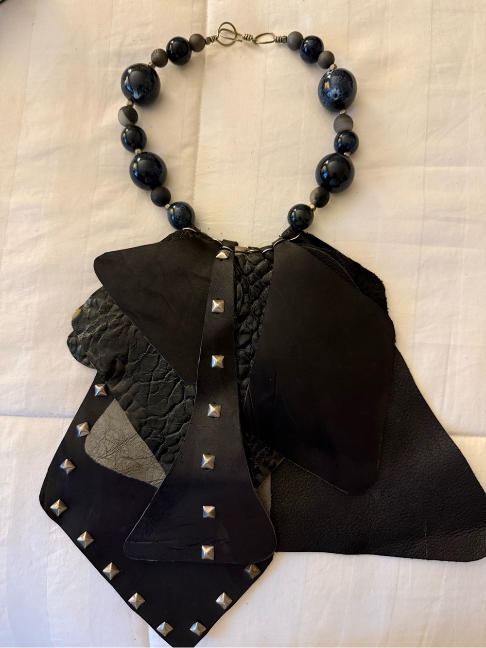 Handmade Leather Statement Bib Necklace Blue Black Beaded Studded Boho Artisan
